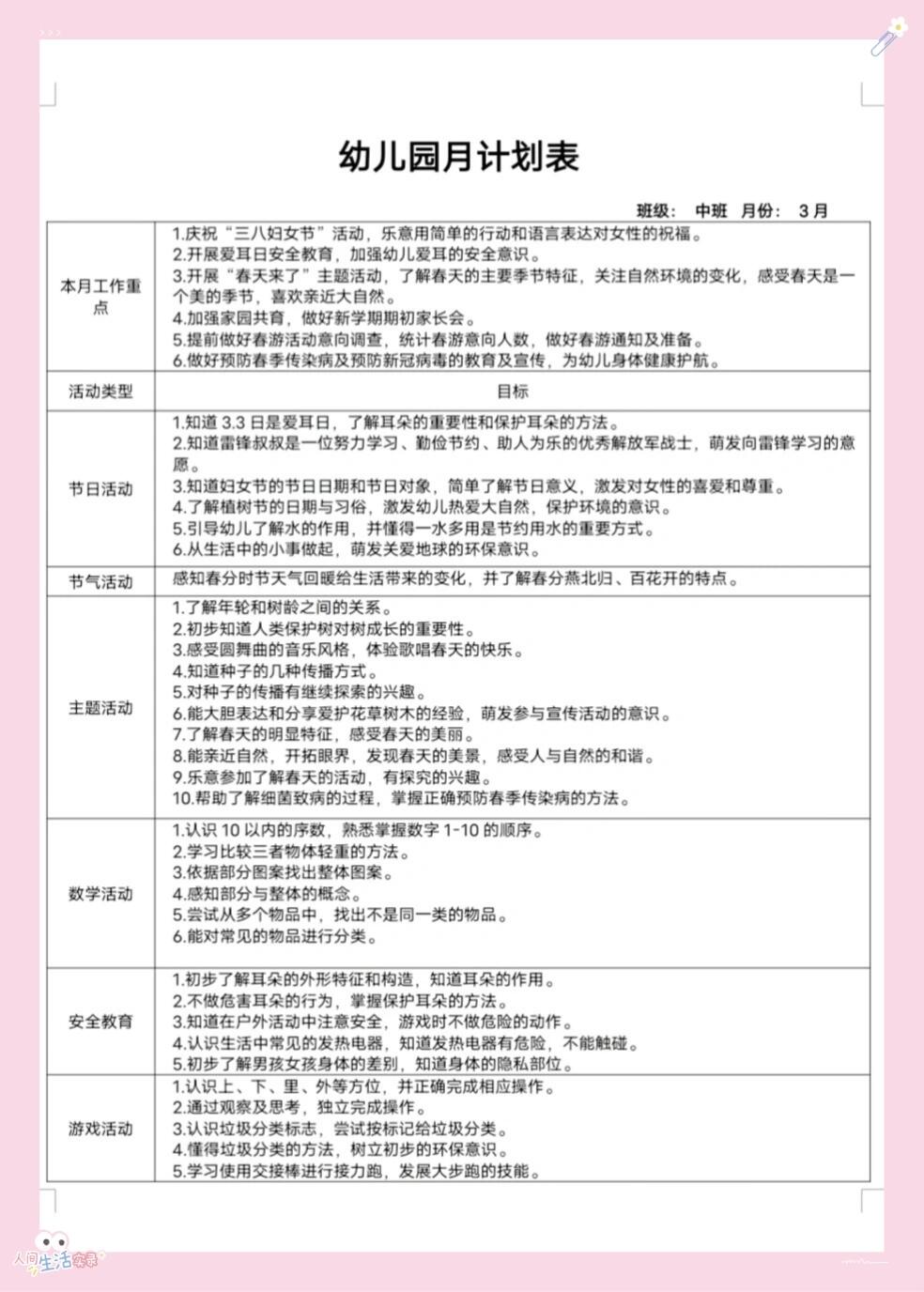 中班月计划表内容表图