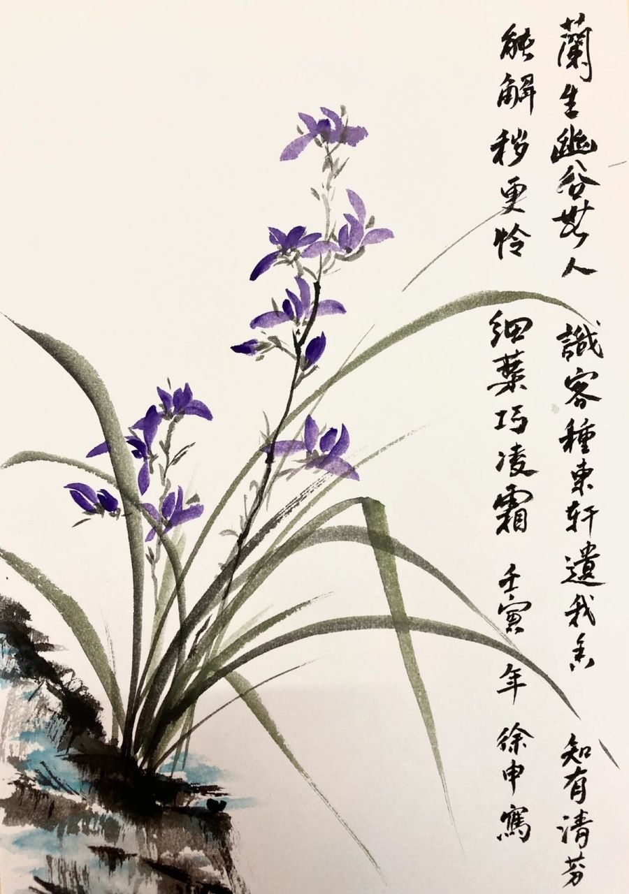 国画写意画-兰花 用色:藤紫 用纸:生宣 叶子用色:藤黄77花青77墨