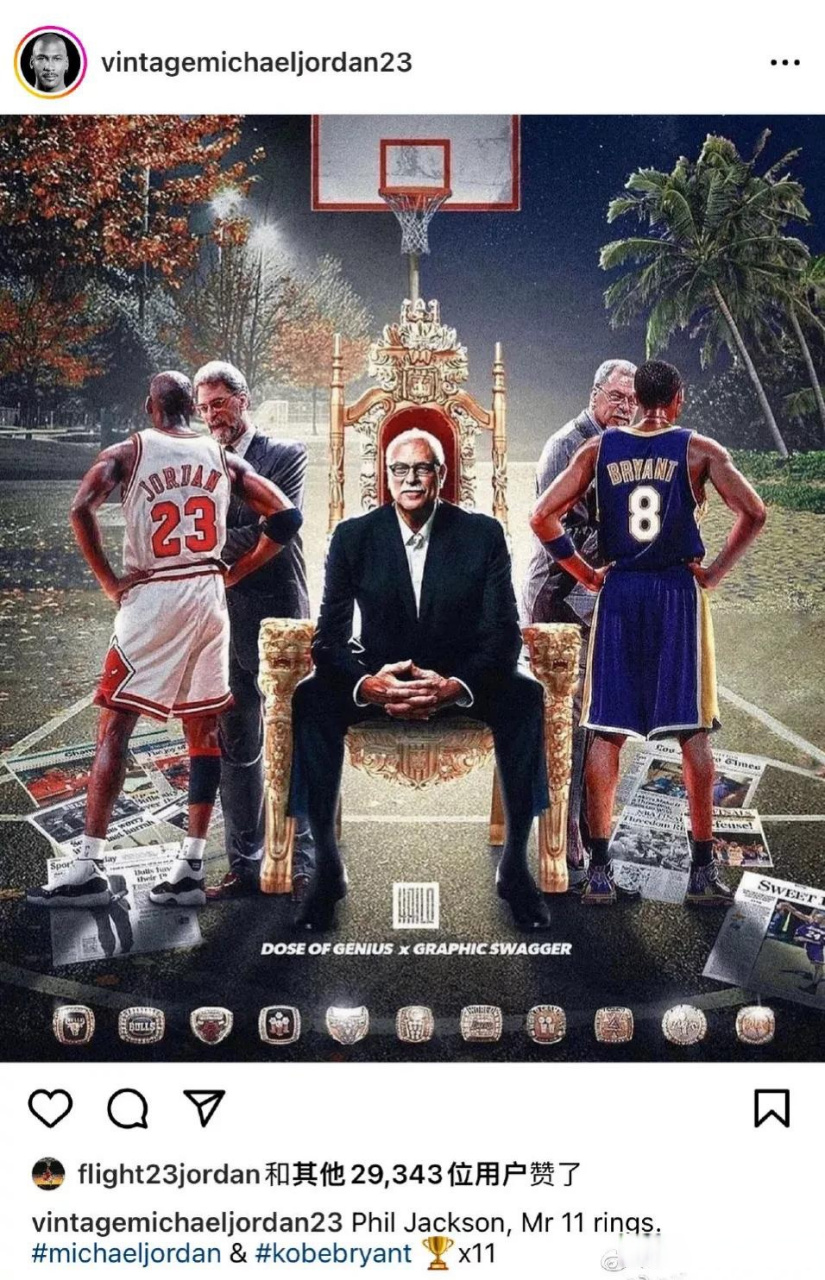 "禅师"只需要带着乔丹和科比就拿下了11枚nba总冠军戒指 !