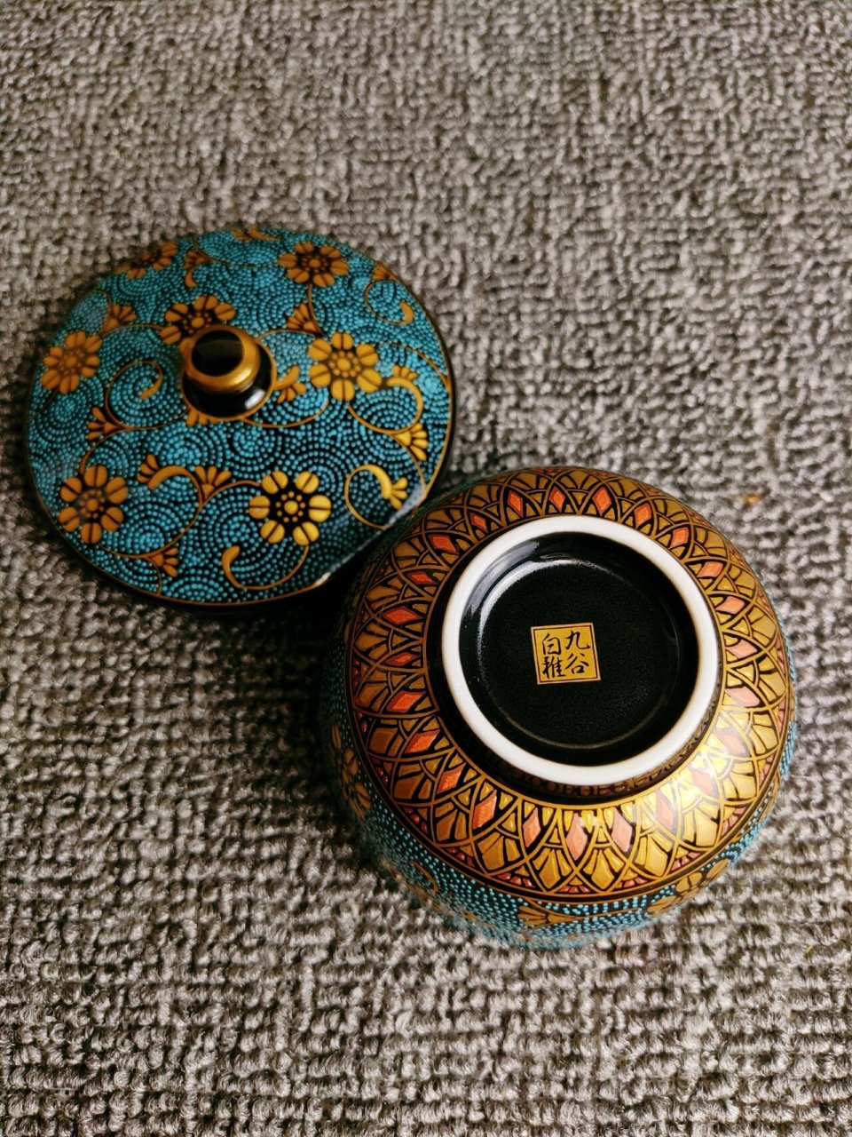 九谷烧|白雅|手绘青粒盖碗五客|青金黑三色 来自日本九谷烧,名家白雅