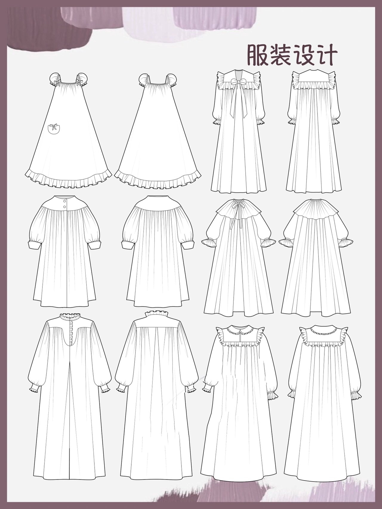 服装设计 20世纪40年代复古款睡衣款式图