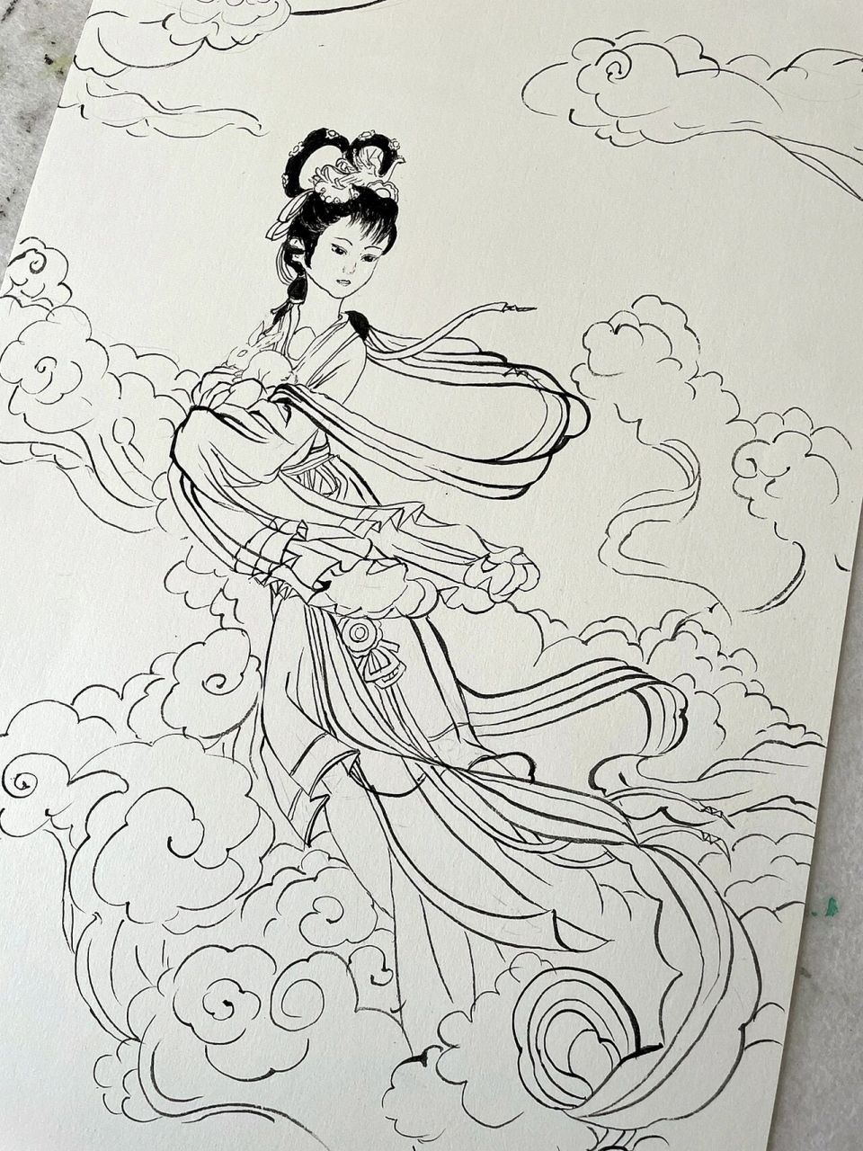 嫦娥奔月国画白描