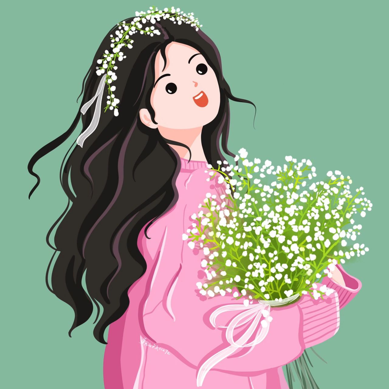插画头像 | 手捧满天星的可爱女生|无腮红版 满天星,繁花似锦觅安宁