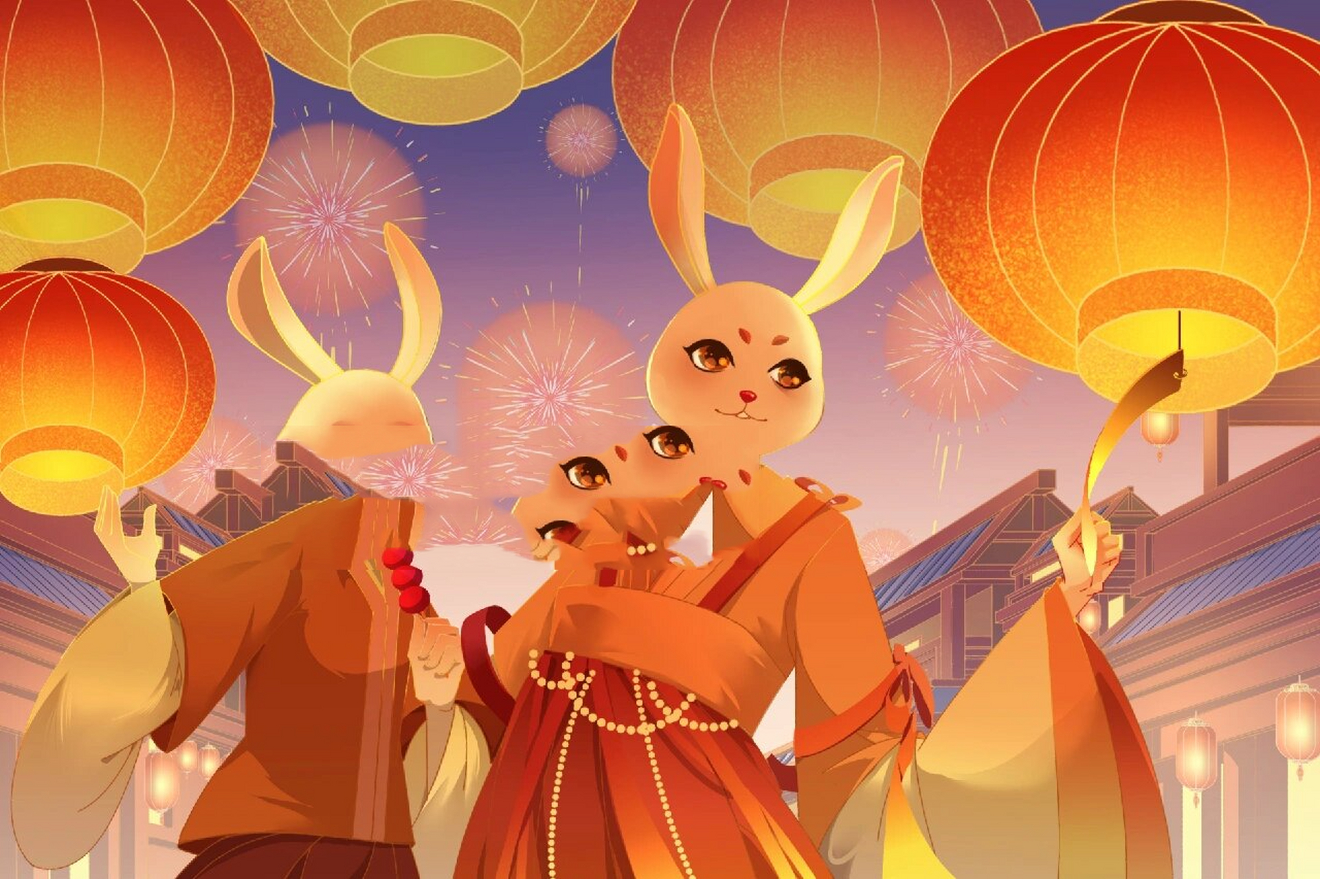 兔年插画丨新年拟人古风兔子(40) 兔子可以放炮竹,着对联吗?