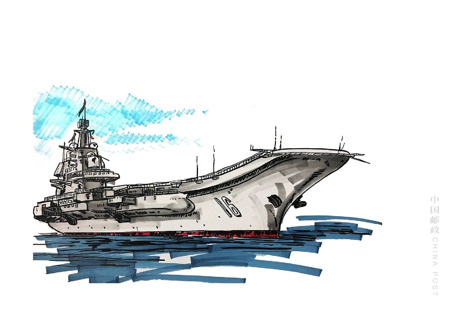 手绘 航母 自制手绘明信片,这是图稿.