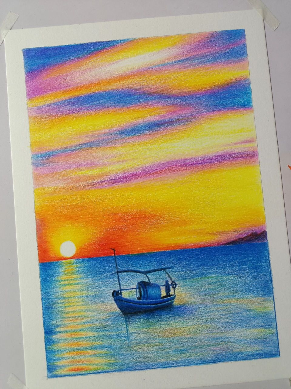 彩铅风景,海上落日 画大海就是心情好!