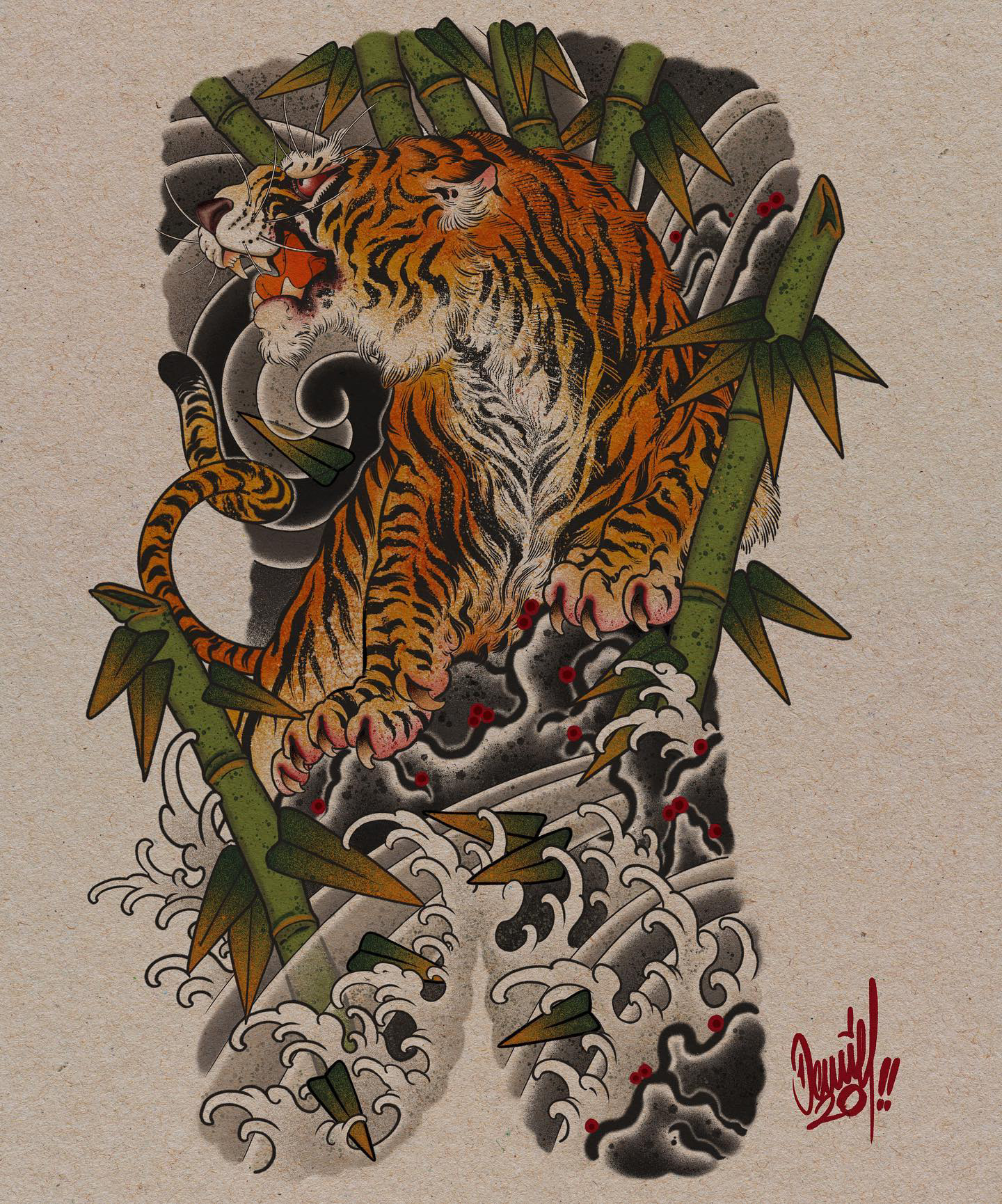 日式老传统满背老虎纹身手稿