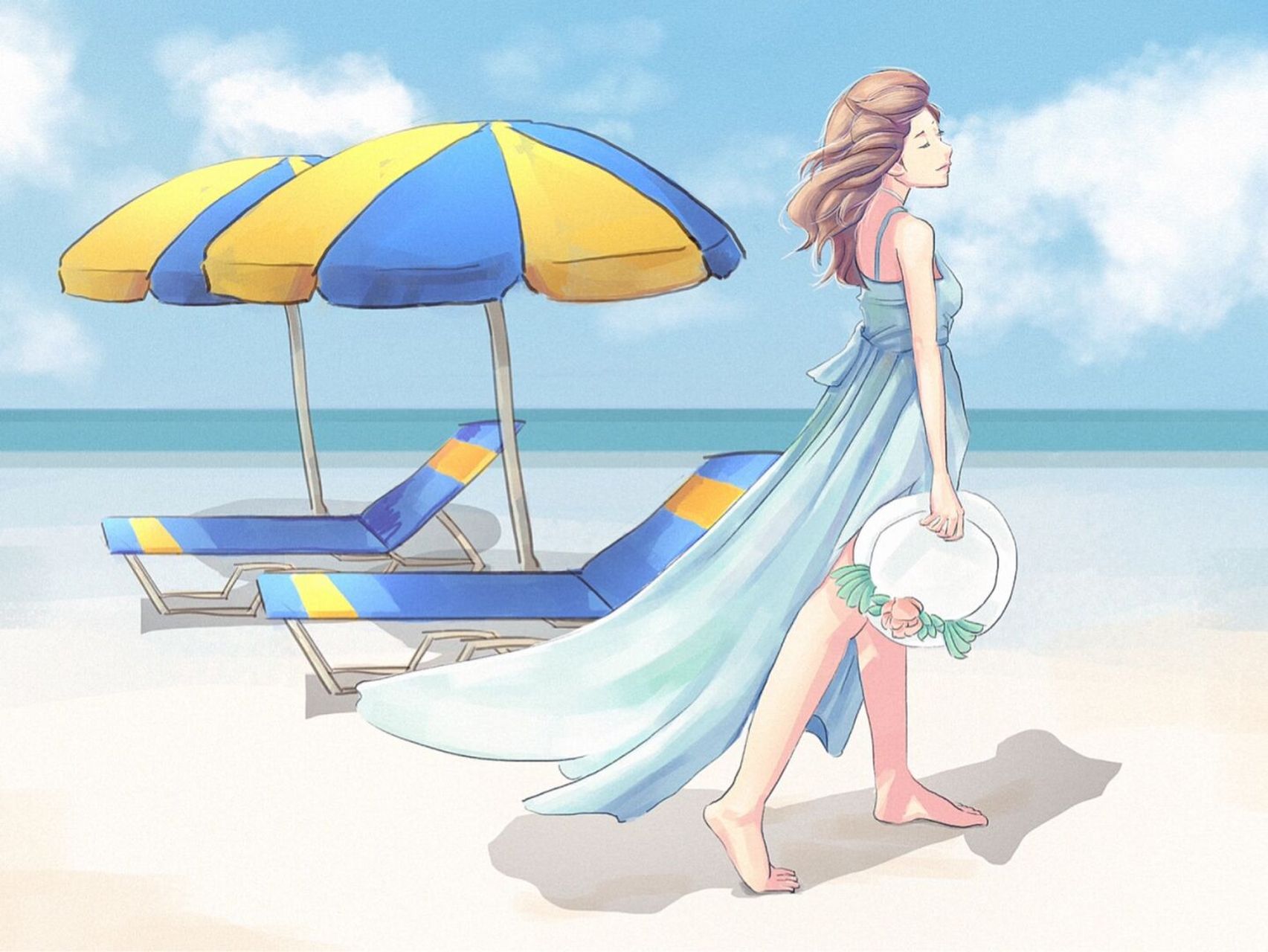 插画|向往的海岸风景 蔚蓝海岸风景无限美 太阳伞墨镜