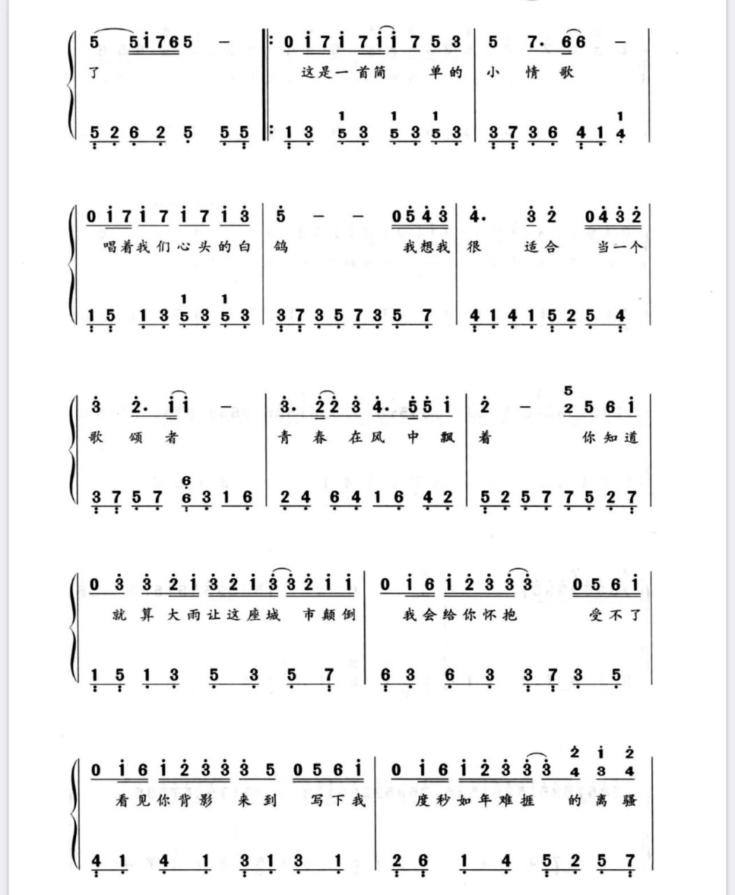小情歌~双手简谱钢琴 c调 简单版 流行曲