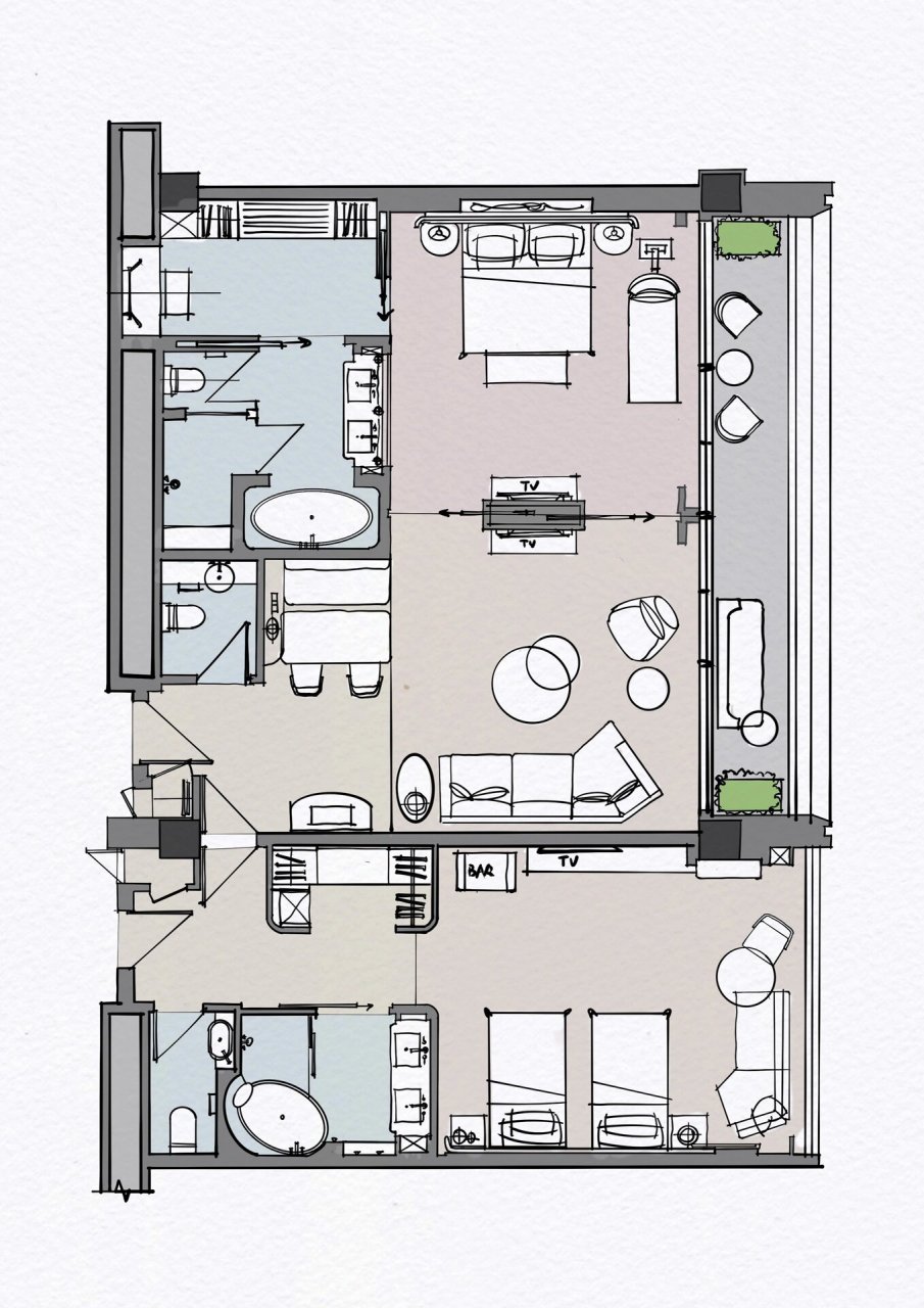 酒店客房平面(25)——南京文华东方 南京文华东方酒店双套间 连通房