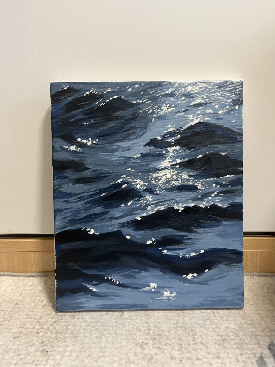 丙烯画—波光粼粼的海浪98 只用蓝色,白色,黑色,就可以完成哦