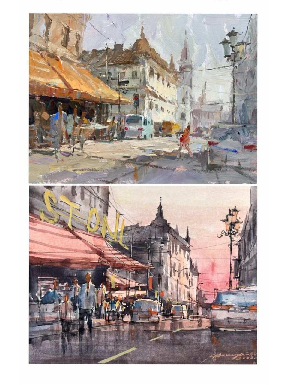 同一张画水粉与水彩不同的表现 城市街景同一张画 水彩水粉两种不同