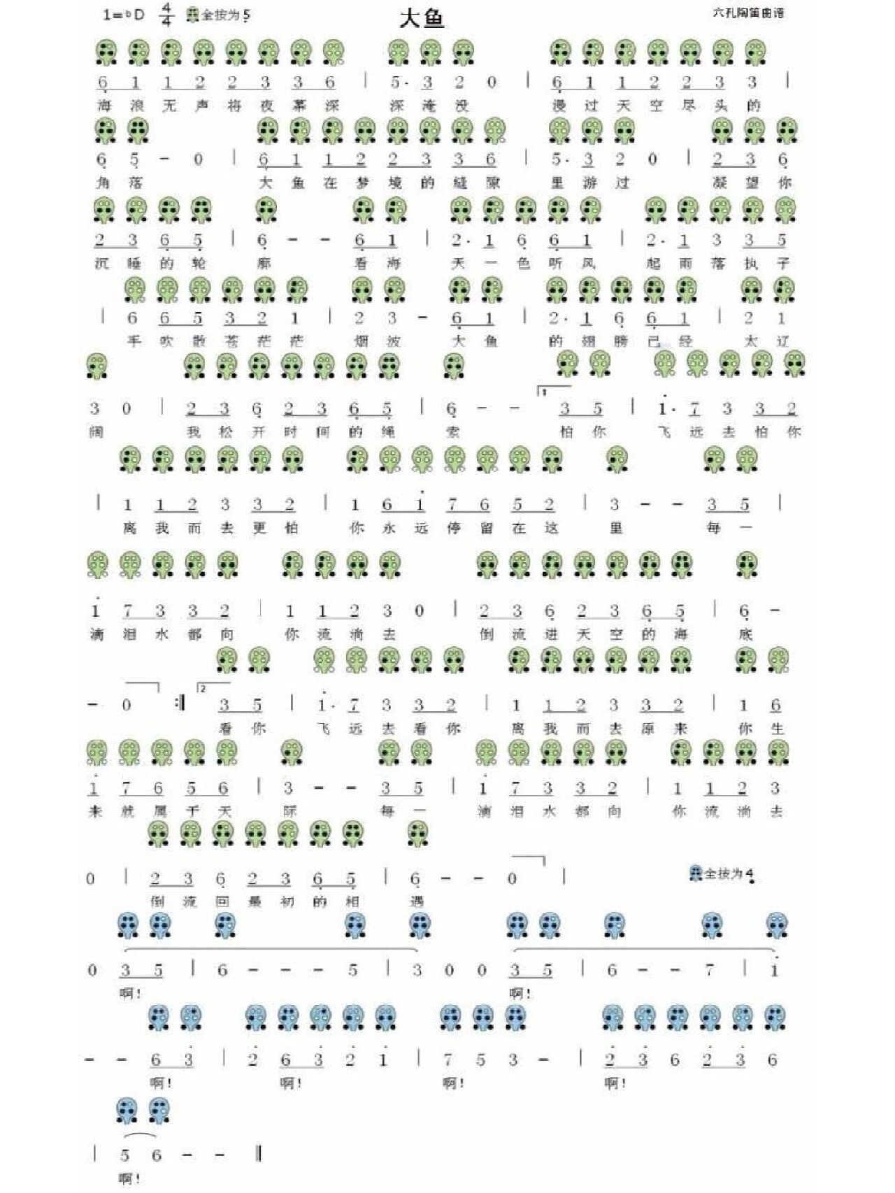 竹笛曲谱大鱼图片