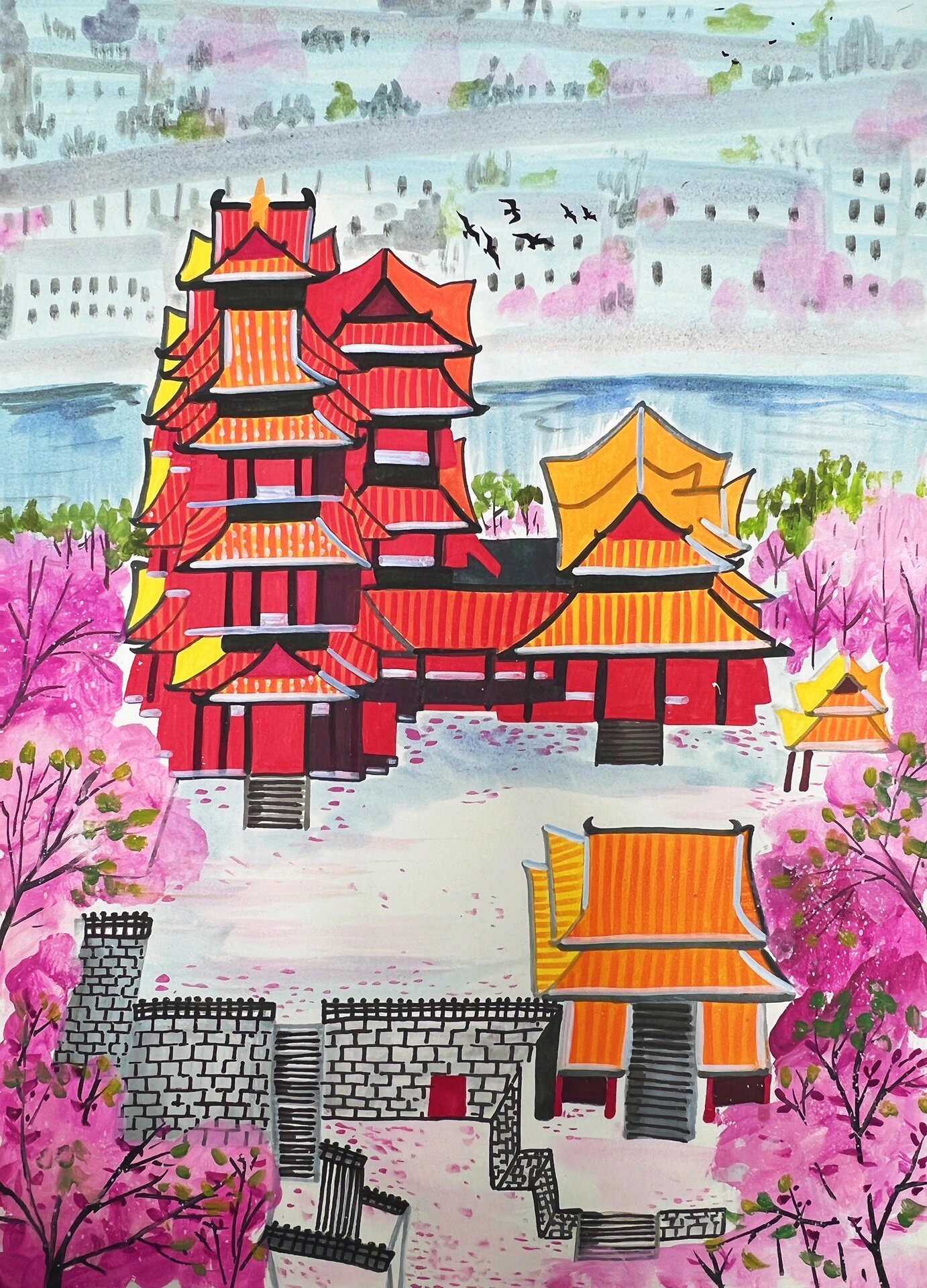 水墨风儿童画——美丽南京 马克笔也是可以画出不一样的风格 结合水墨