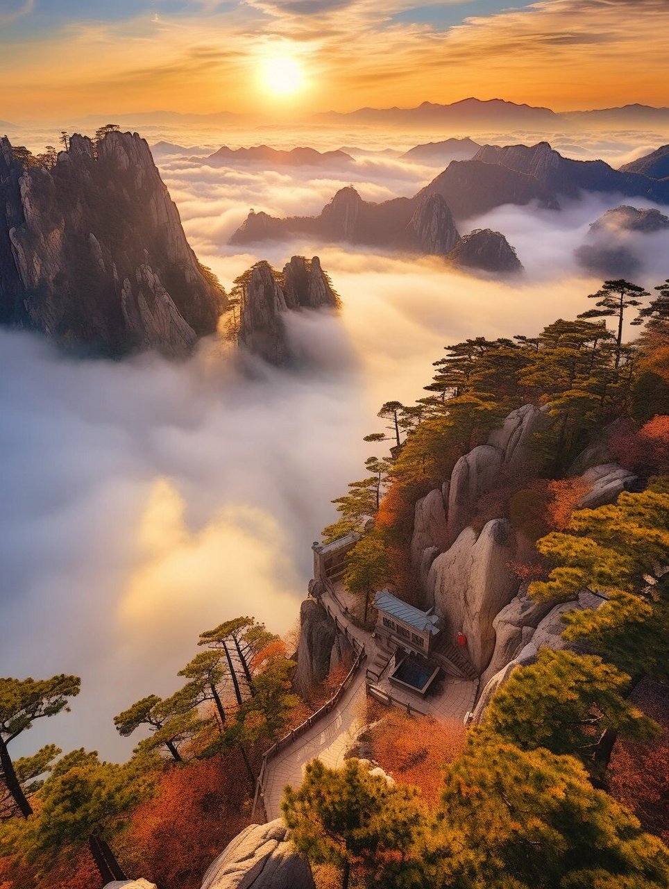 黄山云海 黄山的地形起伏较大,山峰陡峭,山谷幽深,气候湿润,风力较大.