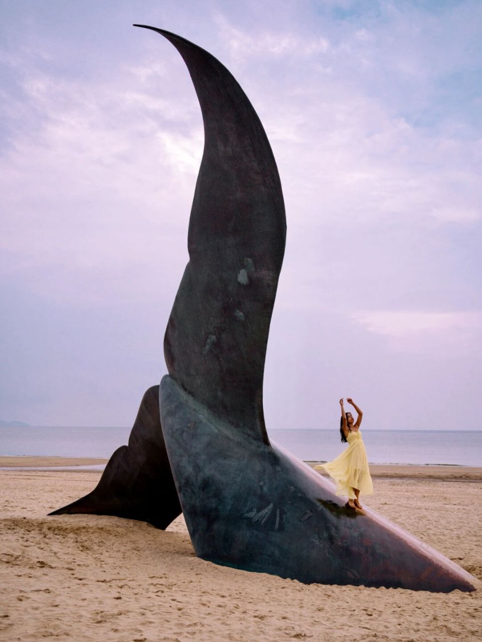 在烟台的海边 有一只鲸鱼落入凡间 从黄昏到夜幕 一点点人群散去 它才