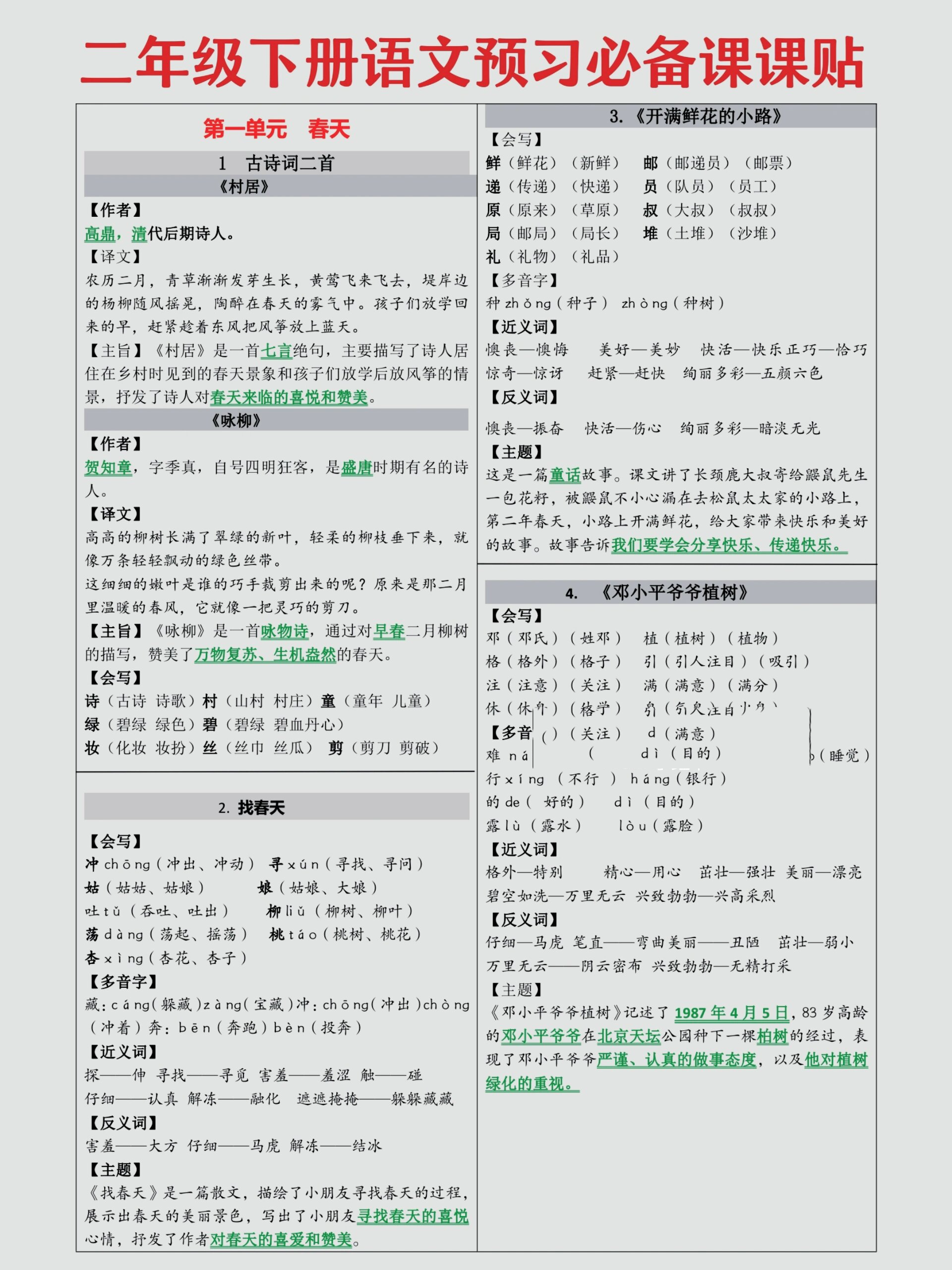 二年级下册语文预习必备课课贴来啦