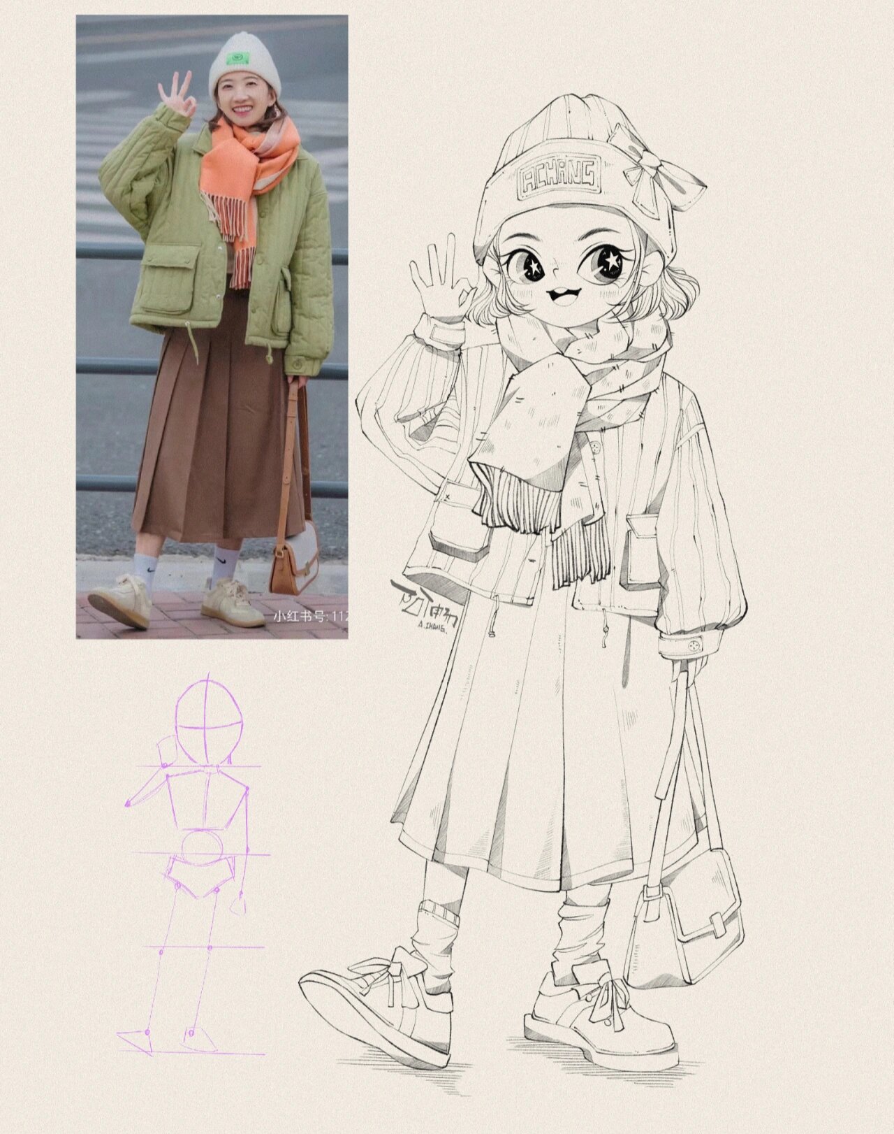 速写15278|女生全身照片转手绘线稿黑白插画