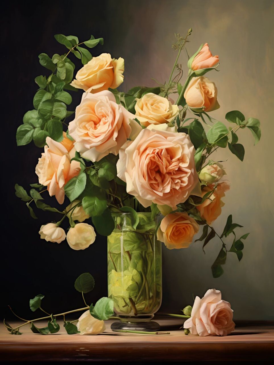 prompt:oil painting of a rose and flower vase in vray tracing