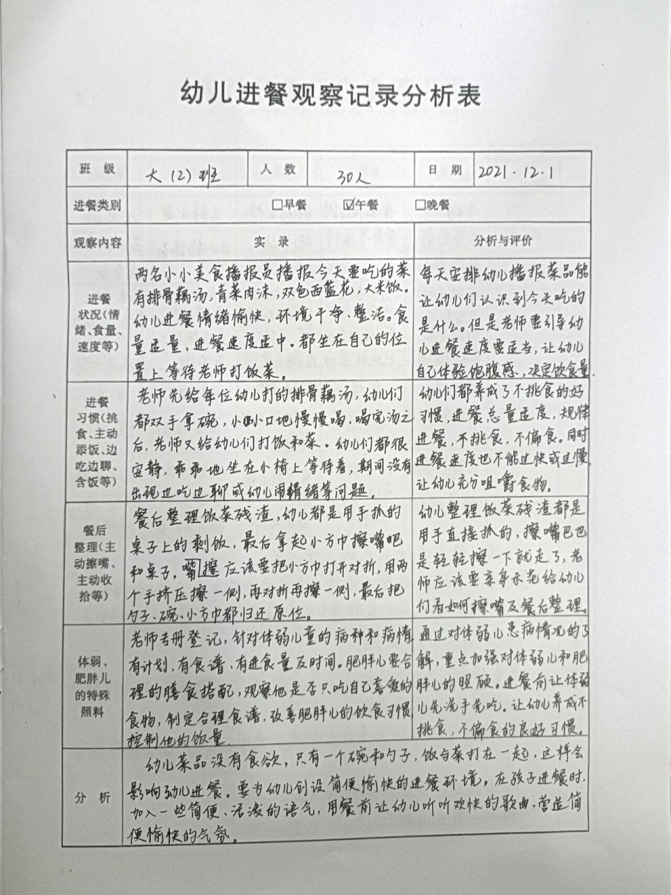 中班幼儿进餐观察记录(中班幼儿进餐观察记录内容)