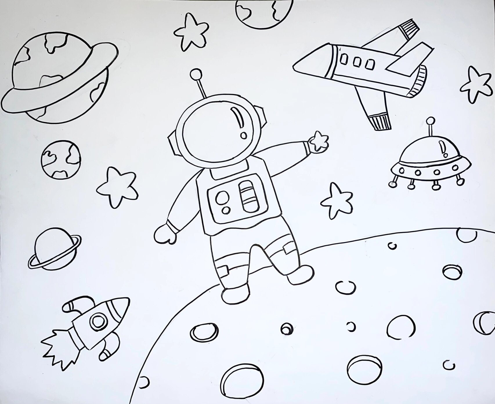 太空宇航员主题儿童画 简笔画 附线稿