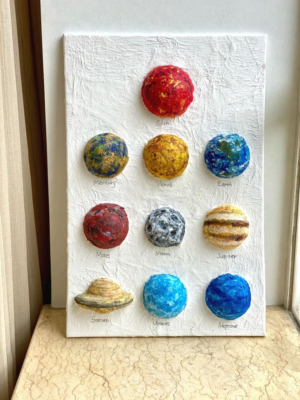 太阳系-含步骤图 感谢 的教程,也给小朋友做了一张太阳系立体纸浆画