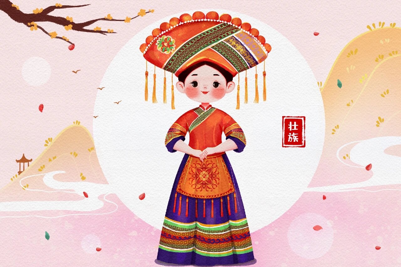 今天和大家分享的是五十六个民族中的汉族苗族藏族壮族人物插画 疑舷