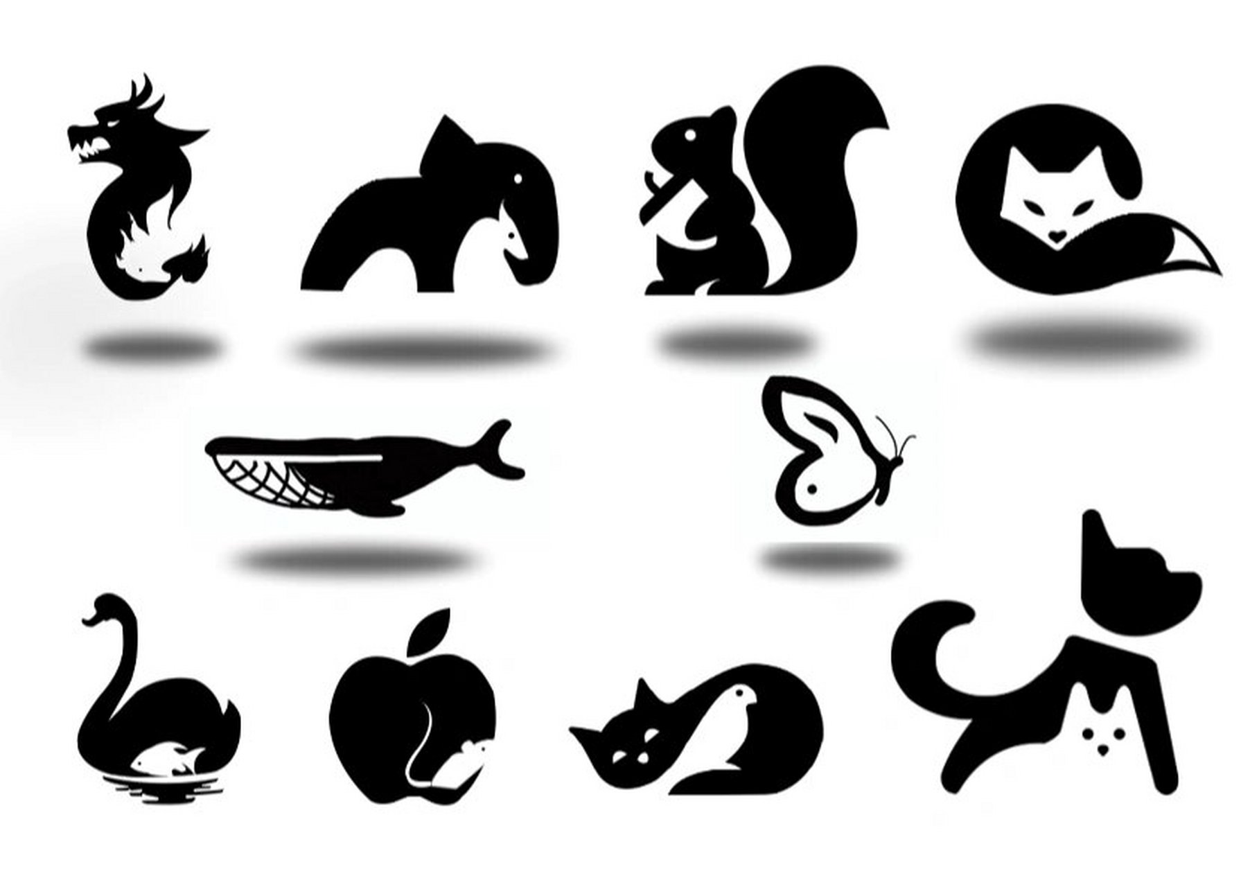 这是一些标志,logo运用了正负图形置换图形 比如鲸嘴用做渔网,猫耗耨