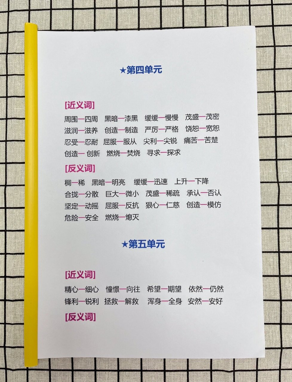 四年级上册语文近反义词大全7515 提分必备6015近反义词是