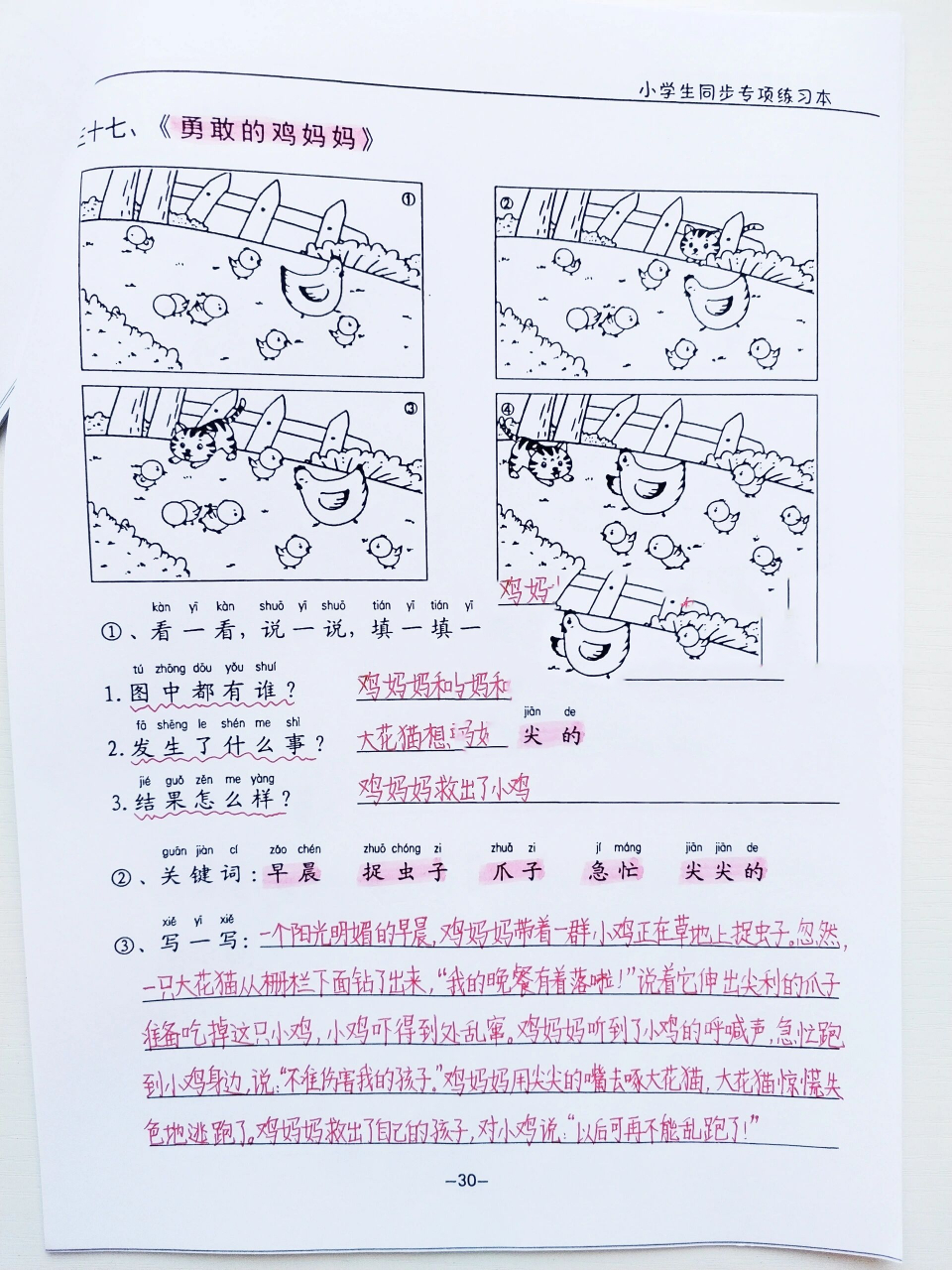 看图写话94《勇敢的鸡妈妈》 一年级小朋友看图写话继续练起来吧!
