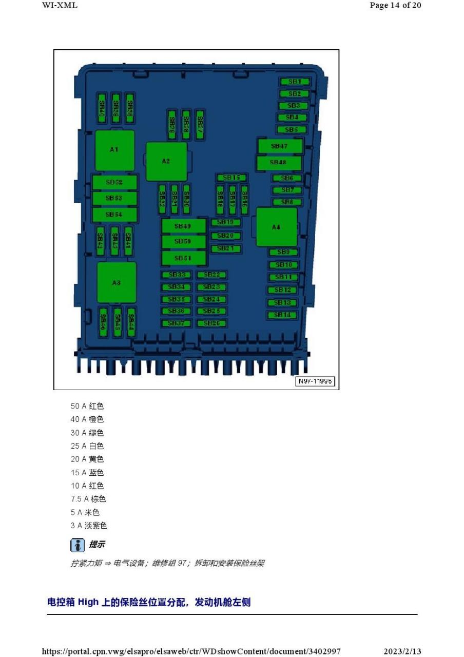2011-2015年款大众迈腾b7l保险丝继电器位置图及其功能详细说明