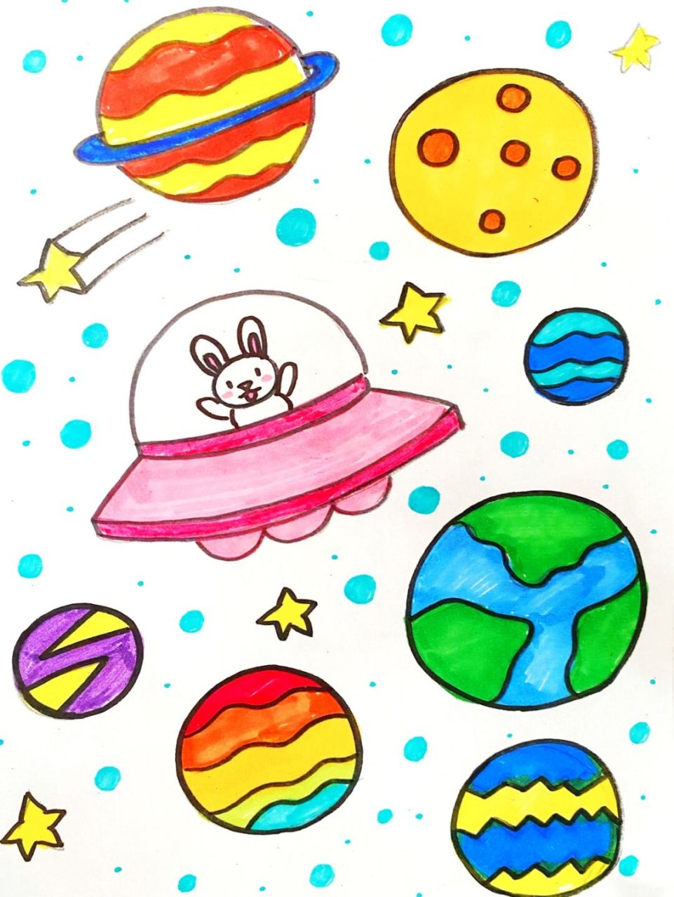星球儿童画 #马克笔# #卡通画# #儿童画# #星球儿童画# #外太空儿童画
