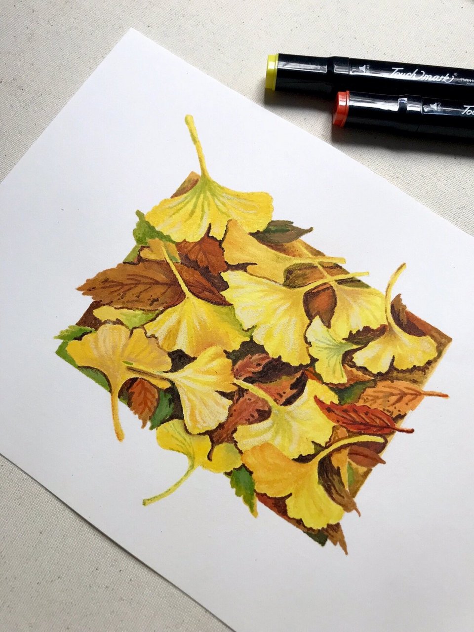 马克笔画|《银杏叶94》·附带线稿&色卡 掉进了马克笔的新坑  马克