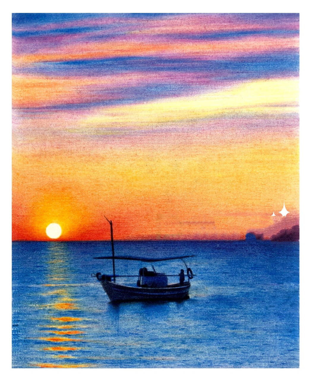 海上日落 彩铅画图片