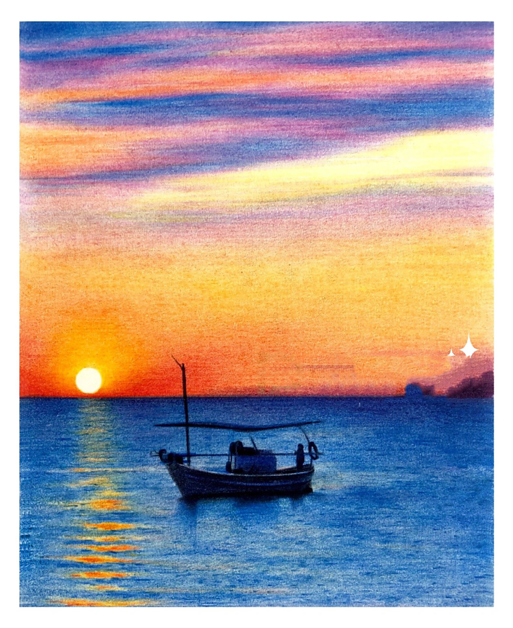 彩铅风景画|彩铅海景|爱在日落黄昏时 公开课画的彩铅风景,喜欢的同学