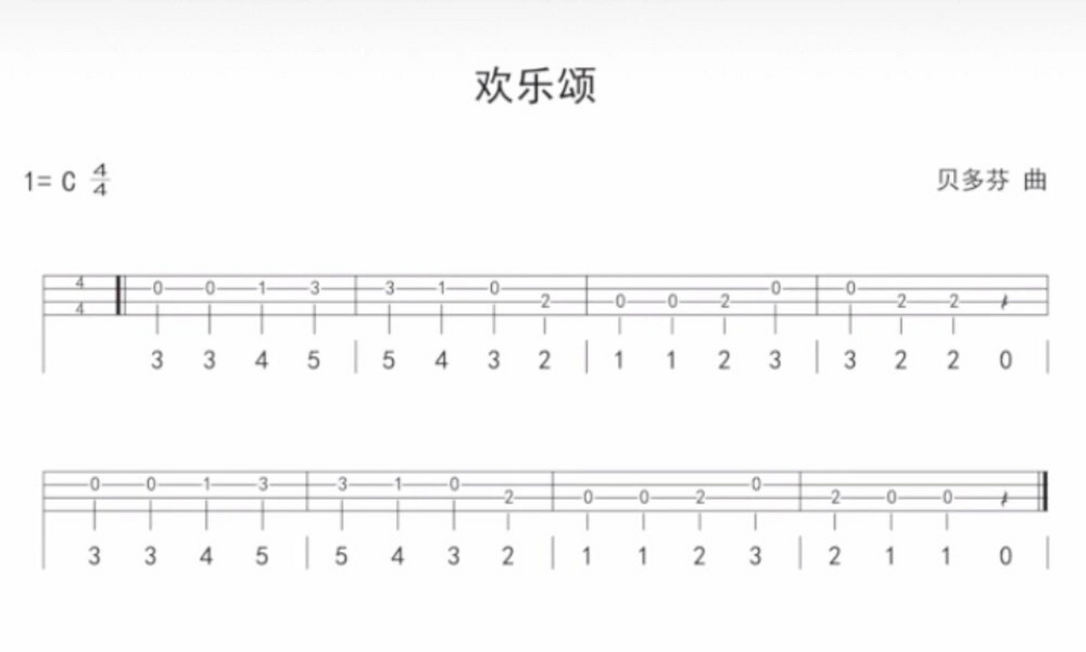 尤克里里《欢乐颂》(单音版) c大调练习——《欢乐颂》(简单版),在