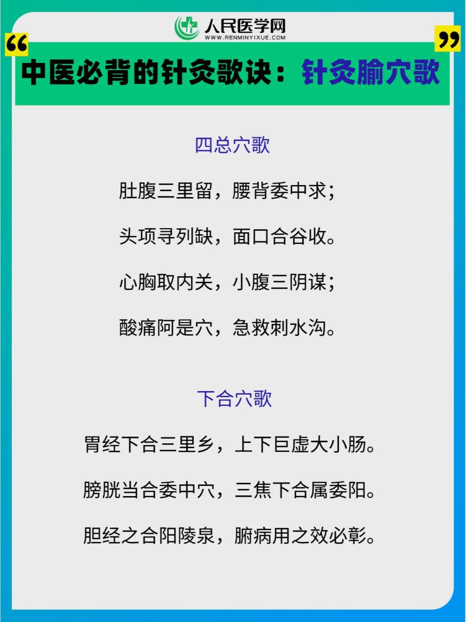 97中医必背的针灸歌诀:针灸腧穴歌 四总穴歌 肚腹三里留,腰背委中求