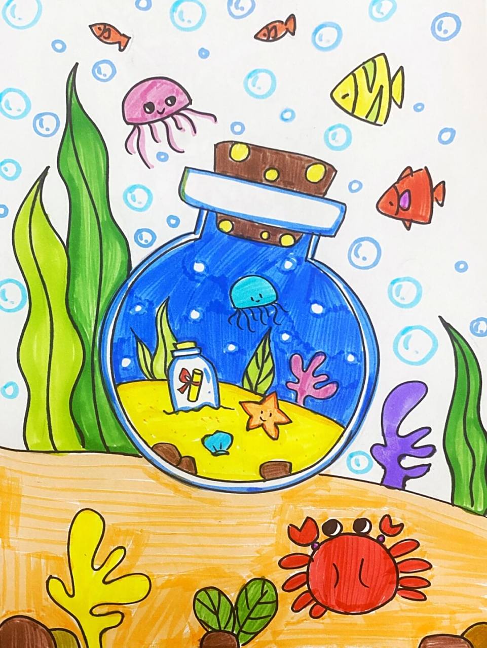 漂流瓶创意画 #马克笔# #卡通画# #儿童画# #创