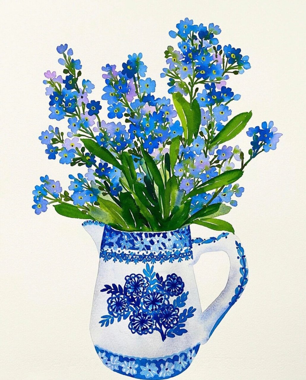 青花瓷花瓶与花少儿水彩画