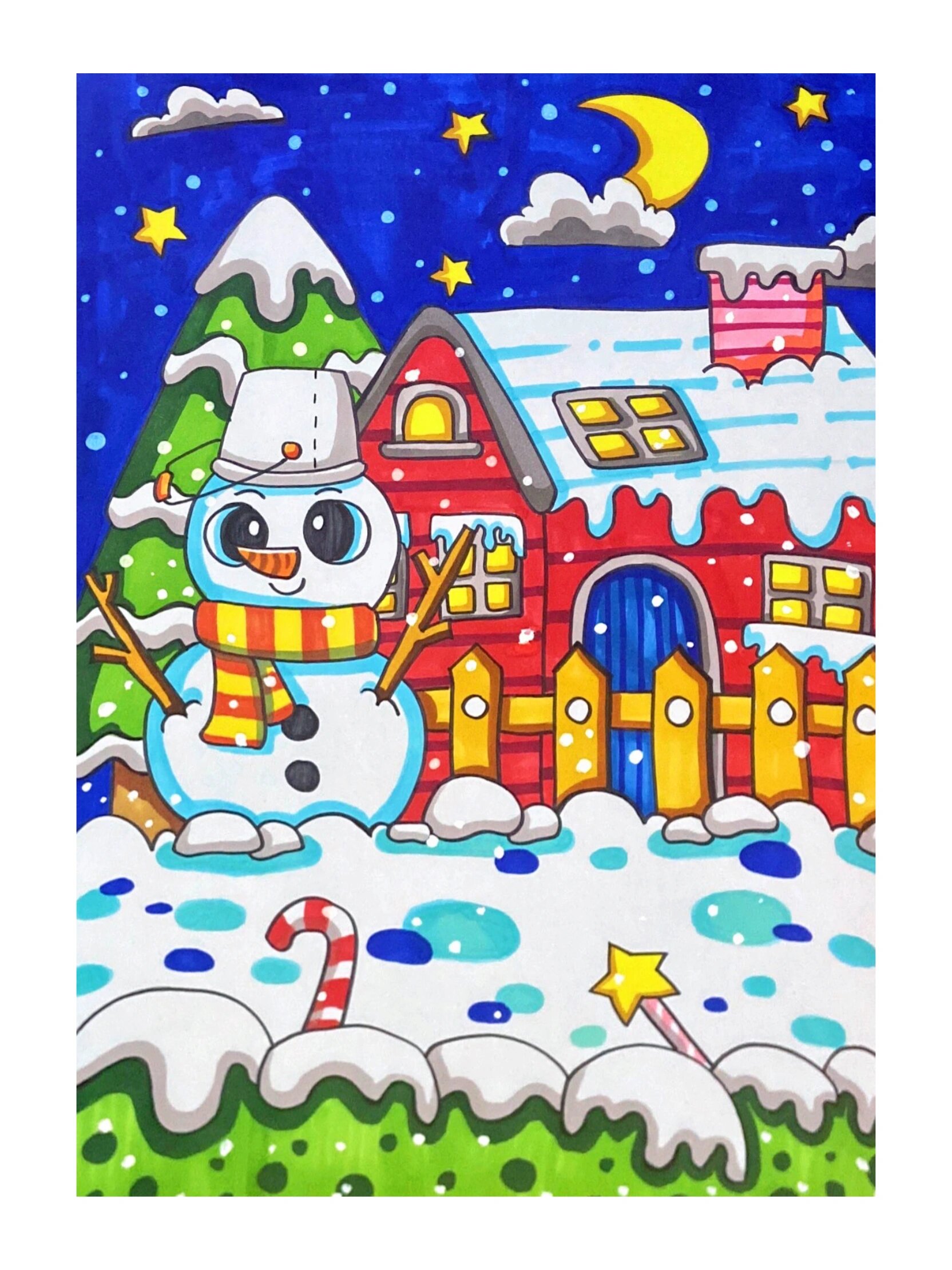 【122】马克笔儿童画《下雪了》