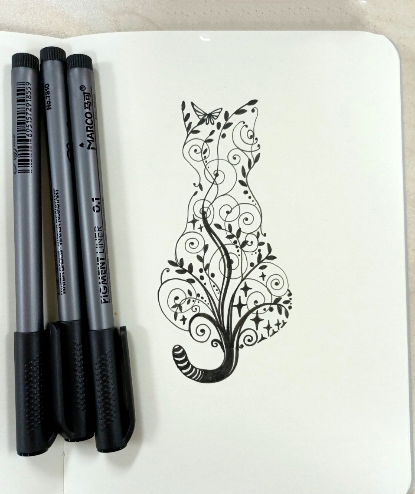 简单易上手针管笔猫咪黑白装饰画附过程