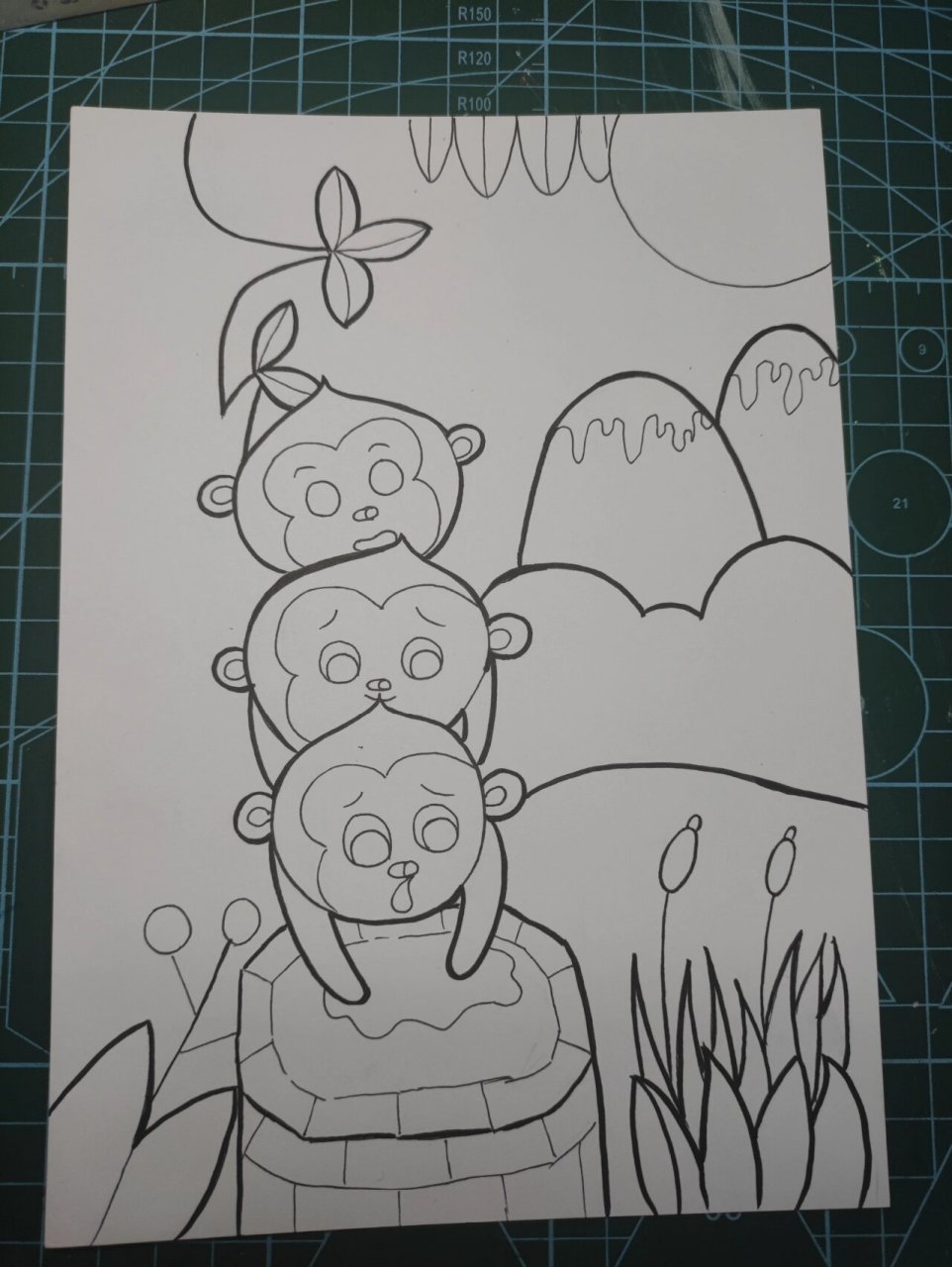 《猴子捞月》儿童画