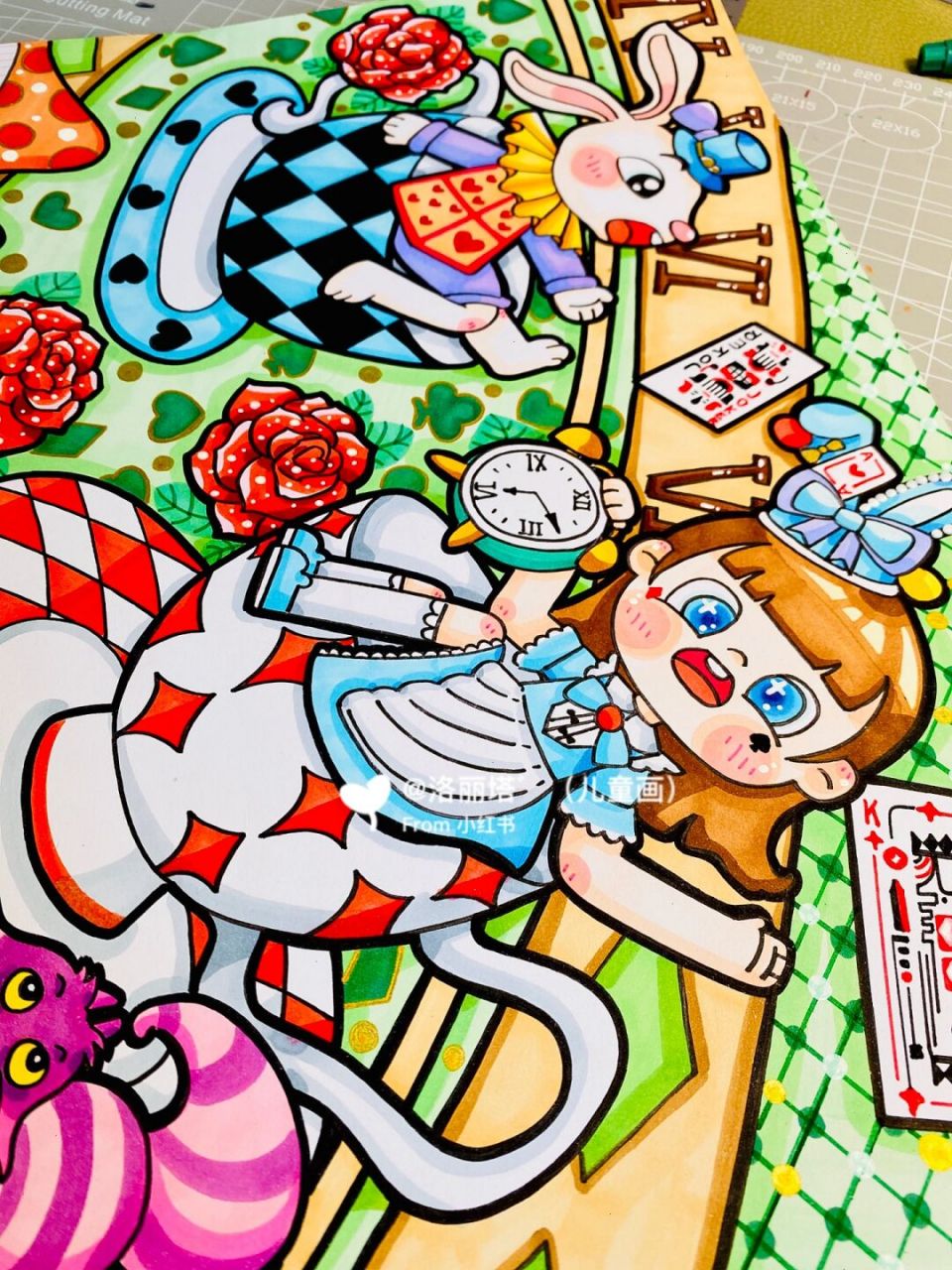 原创主题画《爱丽丝梦游仙境》0269♀15 扑克牌,柴郡猫,兔子