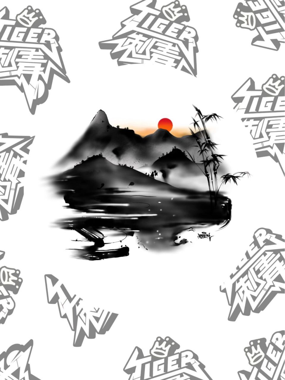 名字遮盖纹身设计|小臂水墨纹身遮盖 名字遮盖手稿设计,水墨山水画~ .