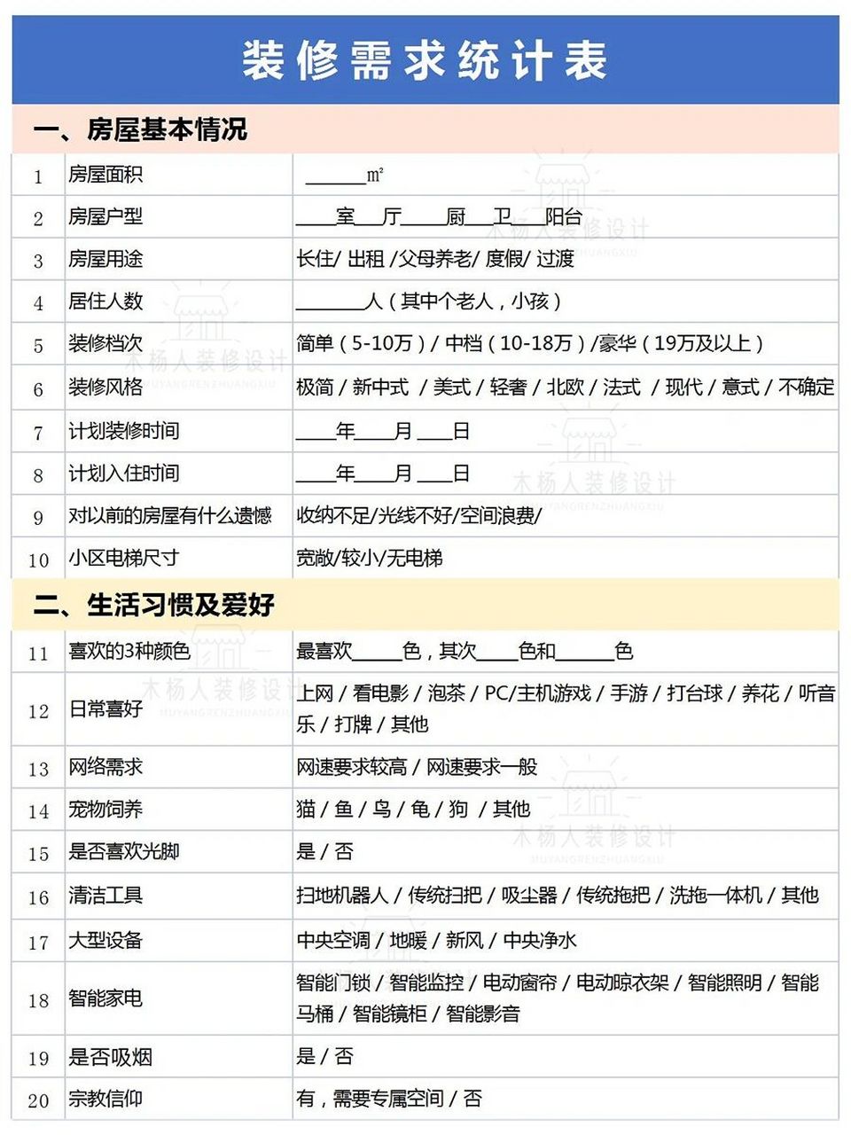 客户装修需求信息表图片