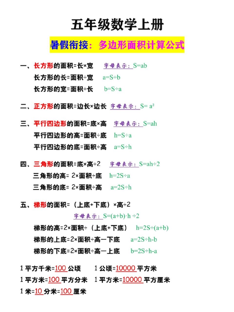 五年级数学上册多边形面积计算公式大全 五年级数学上册多边形面积