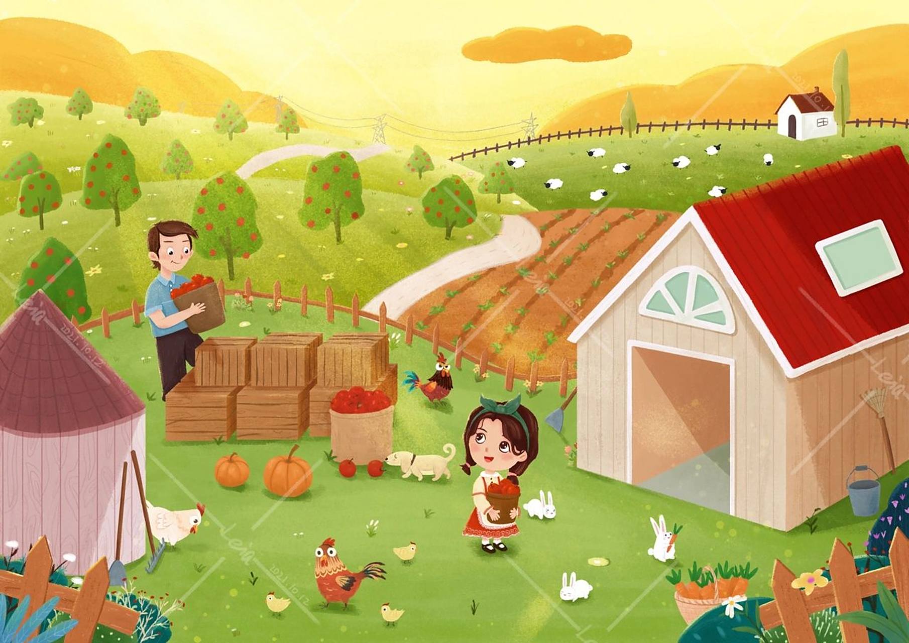 儿童插画|秋季农场果园丰收 又到苹果丰收的季节,小女孩帮着家里农场