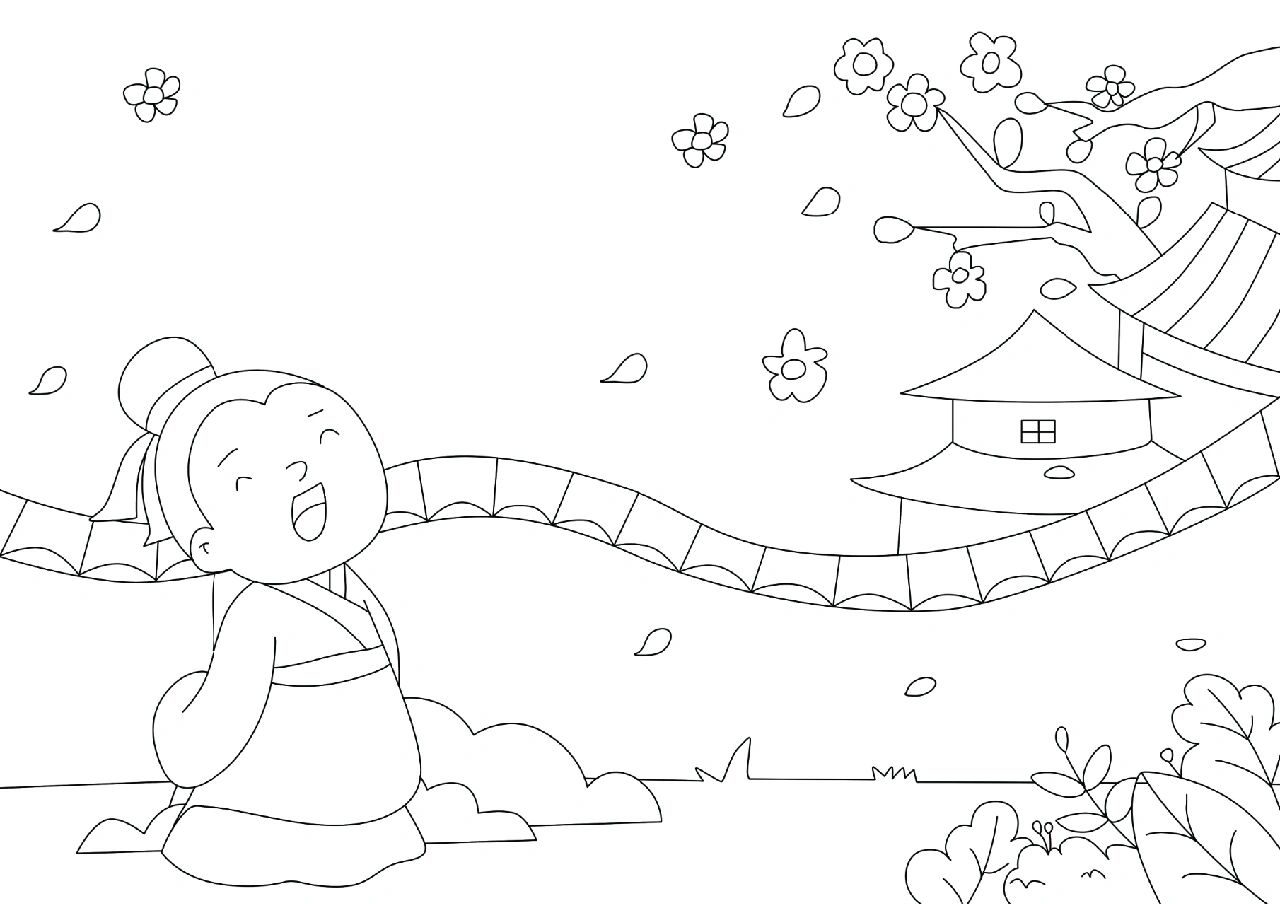 大林寺桃花诗配画,滁州西涧诗配画,黑白线稿可以打印涂色