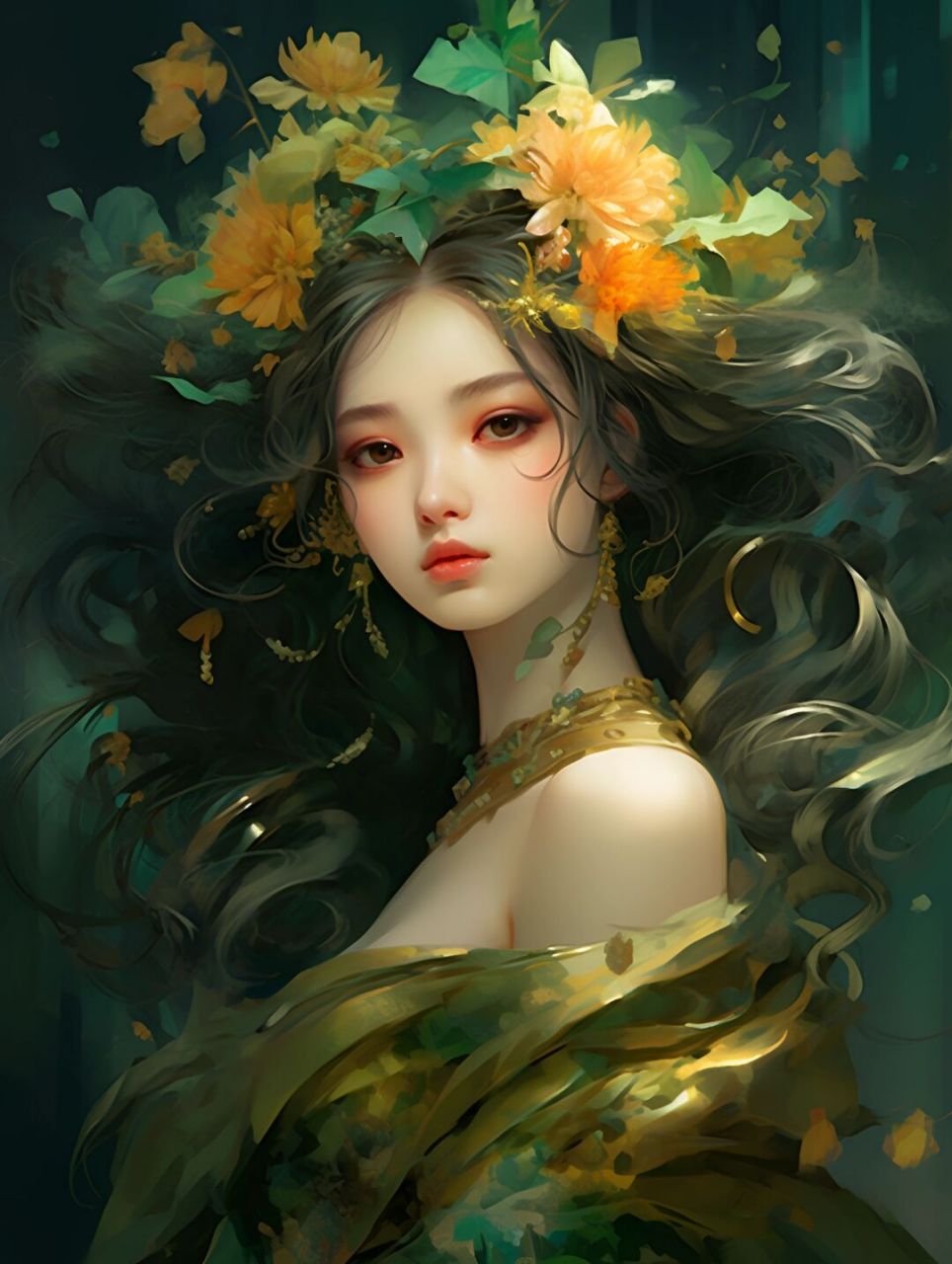 with flowers in her hair wearing an anime dress, inthe style of