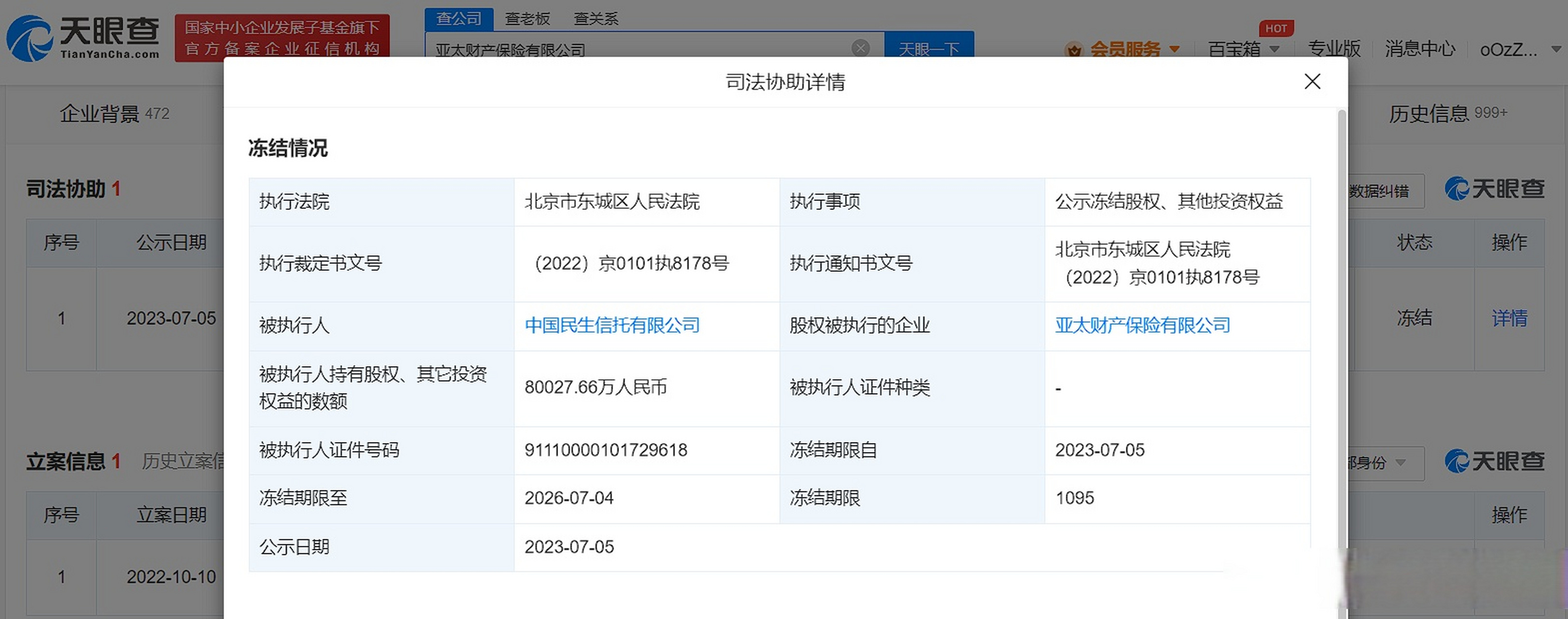 【民生信託持亞太財險8億股權被凍結】 近日,亞太財產保險有限公司